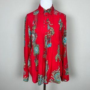 Maeve Anthropologie Shirt Women 4 Red Clock Long Sleeve Whimsy‎ Button Down Top